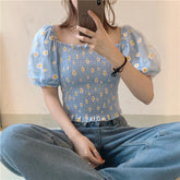 Small Daisy Embroidery Mesh Off Shoulder Shirts